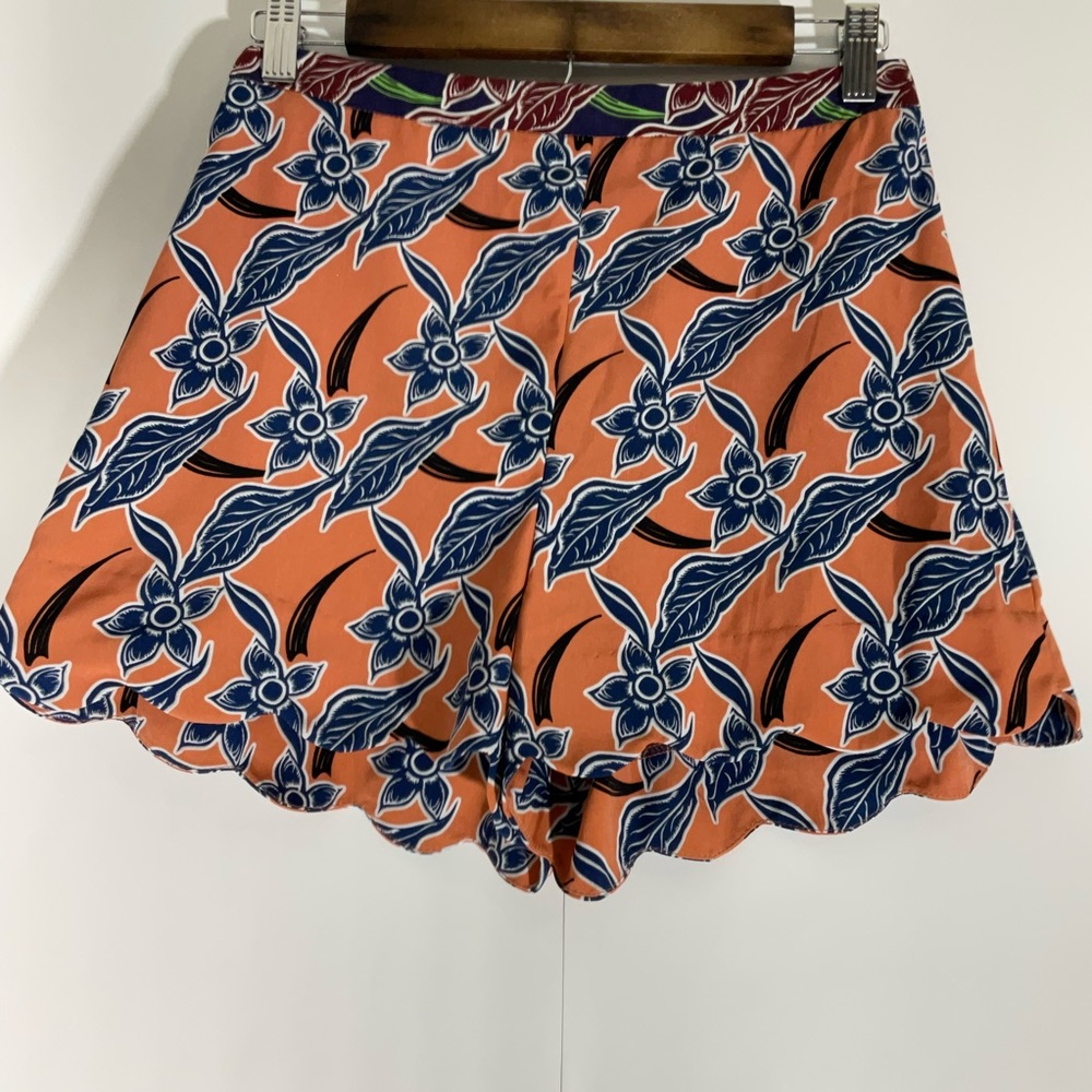Topshop Floaty Short Orange w/Blue Floral Design Side Zipper Scalloped Hem Sz 4 - Picture 6 of 14